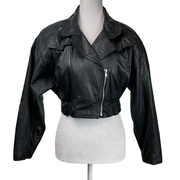 Vintage 80's Black Leather Jacket Cropped Moto Batwing Size Med Contempo Casuals - Picture 1 of 8